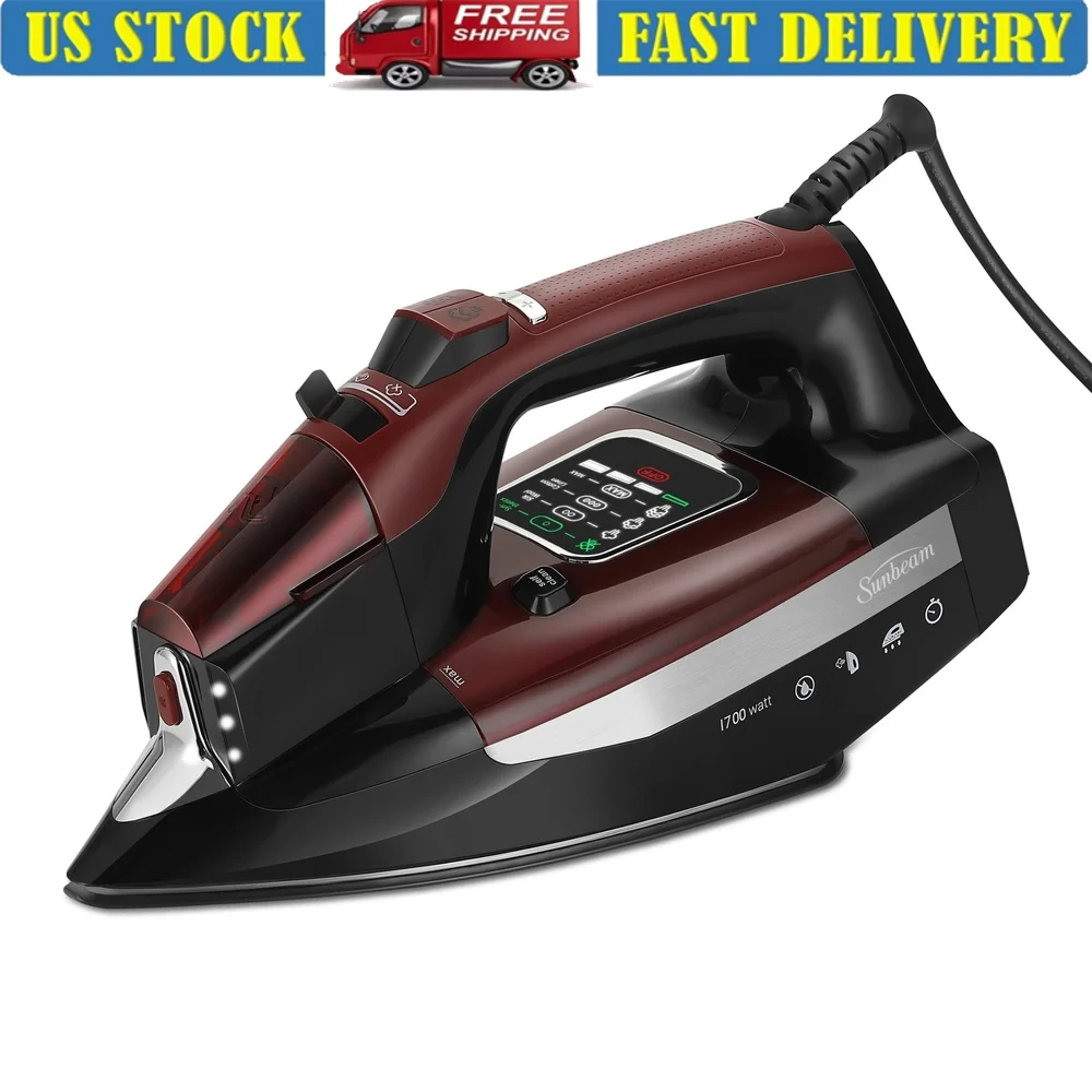 

Паровой утюг с керамической подошвой мощностью 1700 Вт и 6 светодиодными лампами, система защиты от колелей, 3-стороннее автоматическое отключение, поворотный шнур 10 футов, резервуар емкостью 250 мл