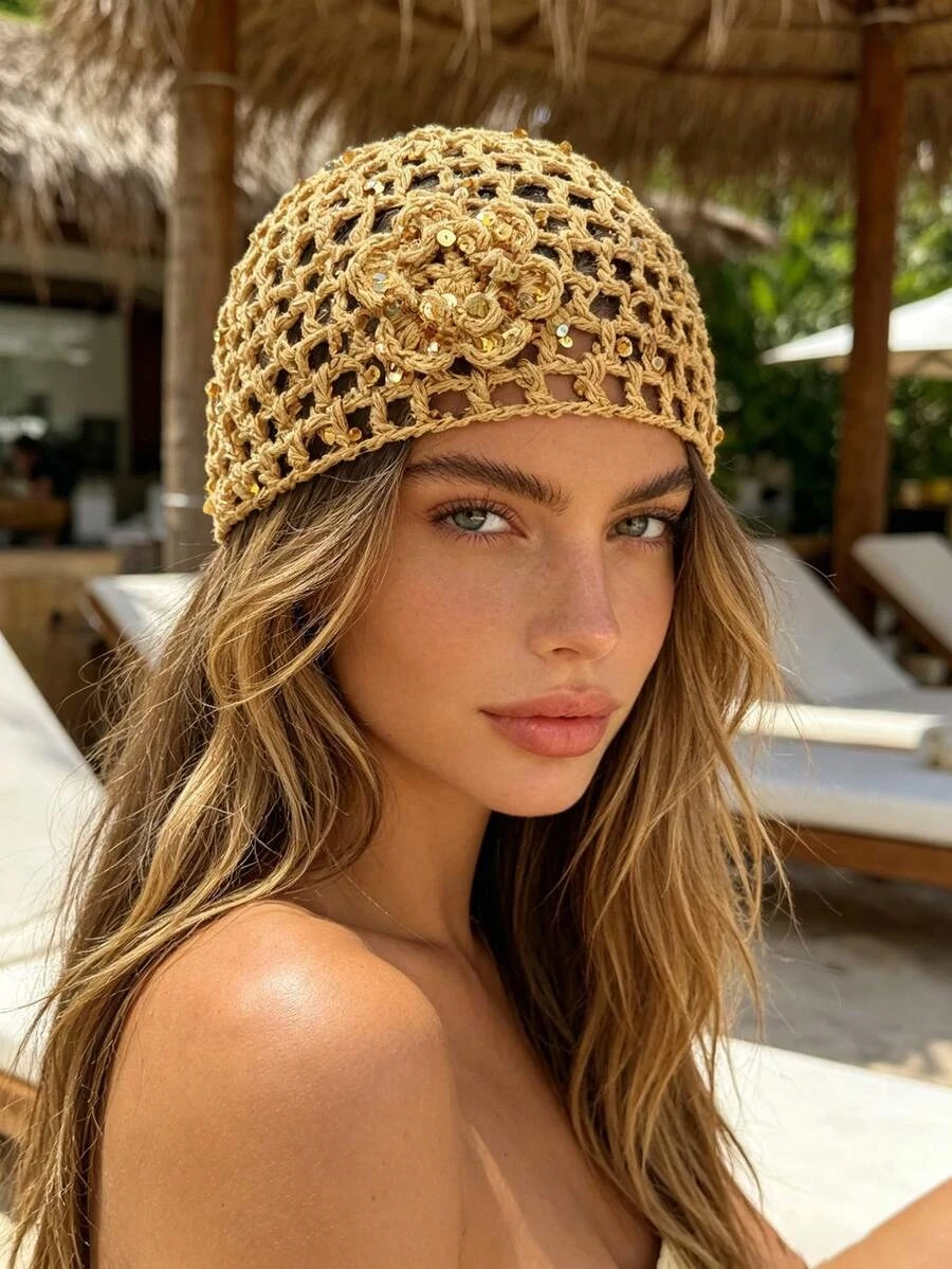 1 szt. Czapka do włosów w stylu bohemy z cekinami, ażurowa, dziergana, kapelusz typu bucket w stylu wakacyjnym, ozdobny dodatek do włosów na plażę i nad morze