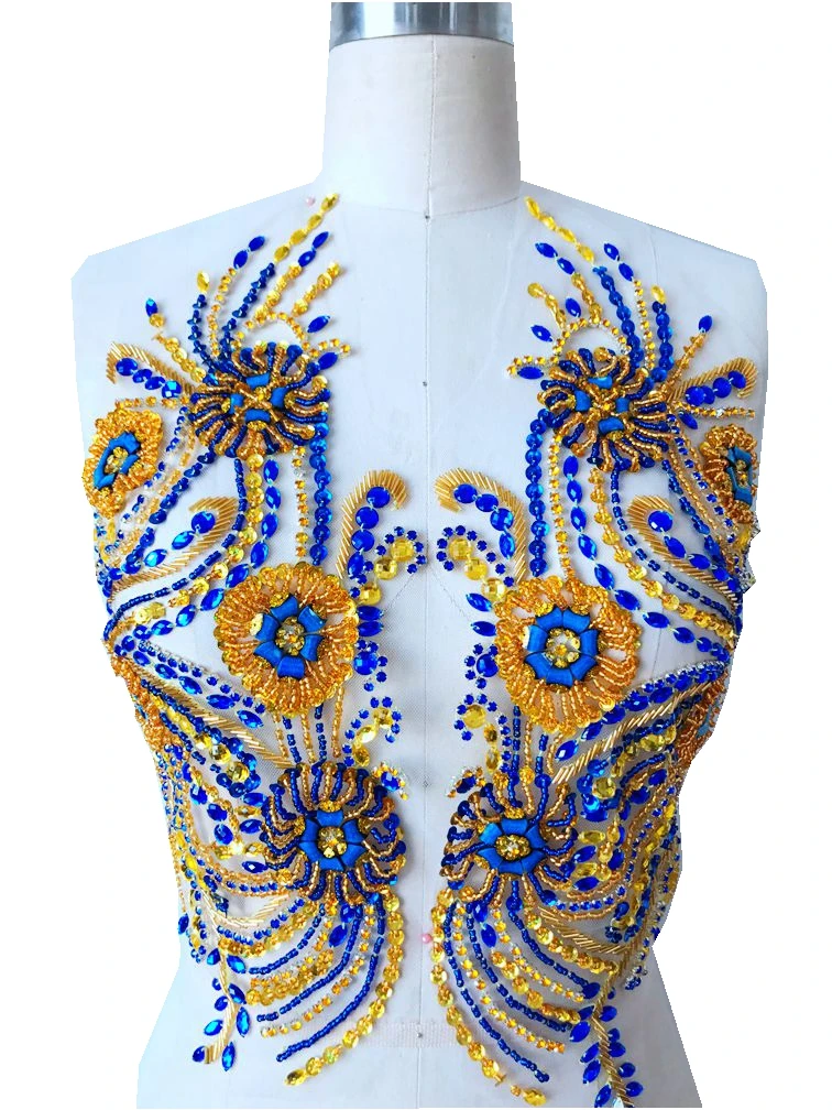 zbroh Pure hand made dazzling deep blue/golden sew on Rhinestones applique on mesh crystals patches 41*39cm DIY dress accessory