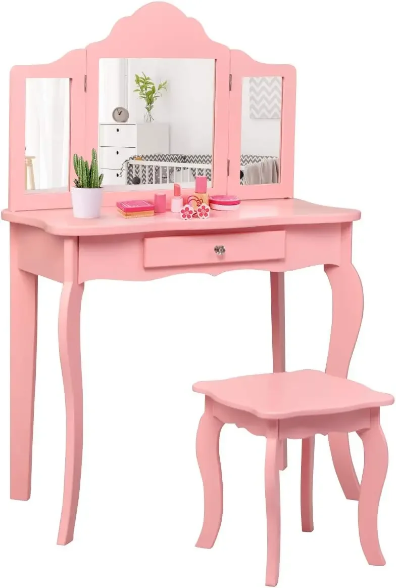 Kids Wooden Vanity Table & Stool Set, 2 in 1 Detachable Design with Dressing Table and Writing Desk, Princess Makeup Dressing Ta