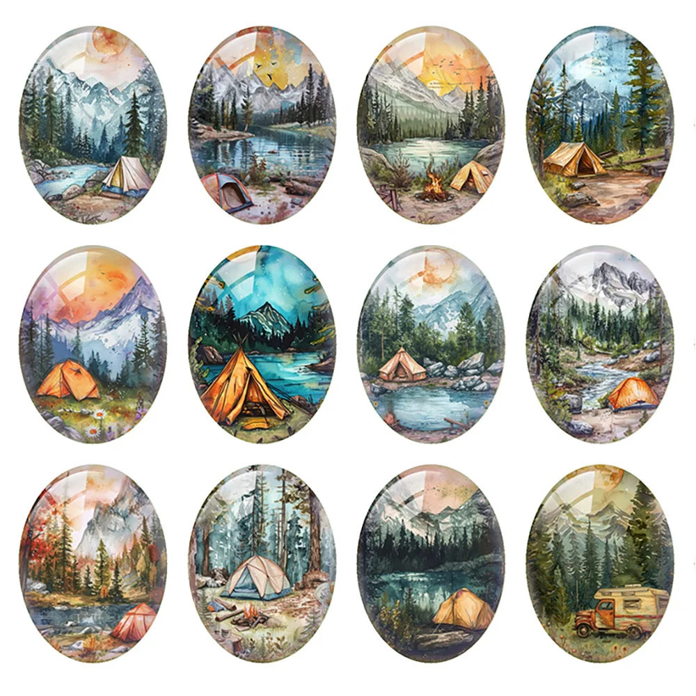 

Random Mixed Round/Oval/Square Camping Mountain Forest River Photo Glass Cabochon Flatback Demo Cameo For Diy Jewelry Making