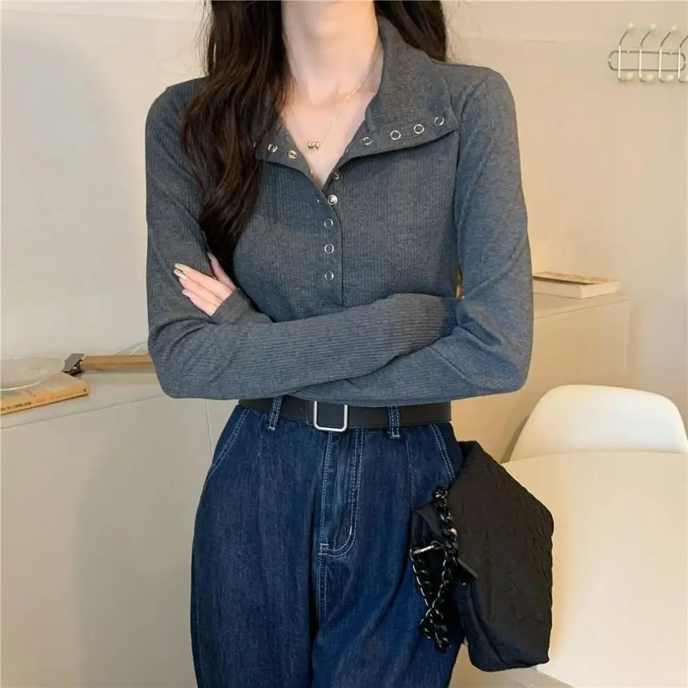 

Long Sleeve Knit Pullovers Spring Fall Woman Y2K High Street Button Up Sweaters for Women Vintage Gray Ribbed Bottoming Tops