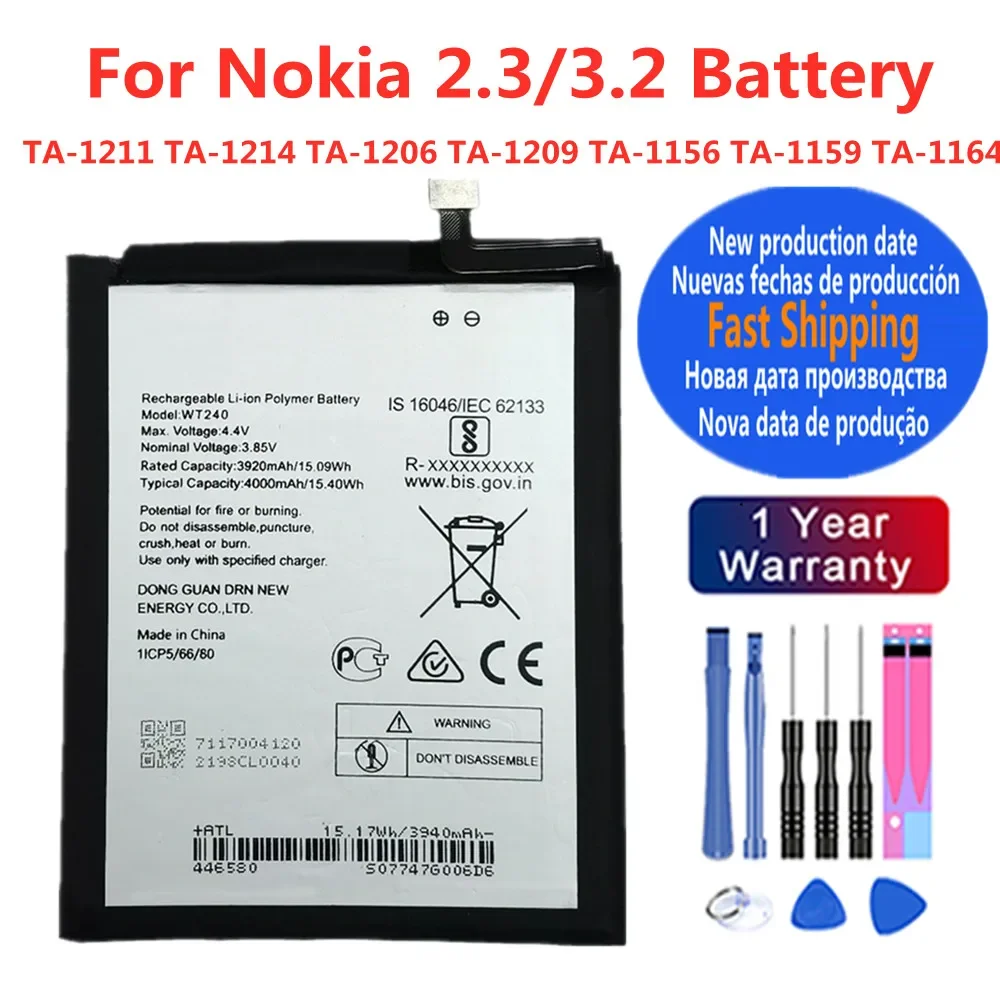 

4000mAh WT240 Original Battery For Nokia 3.2 / 2.3 TA-1156 TA-1159 TA-1211 TA-1214 TA-1206 TA-1209 TA-1164 High Quality Battery