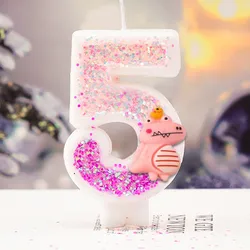 Pink Little Dinosaur Glitter Number 0-9 Birthday Candles Cake Toppers Birthday Wedding Birthday Digital Cakes Dessert Decor 