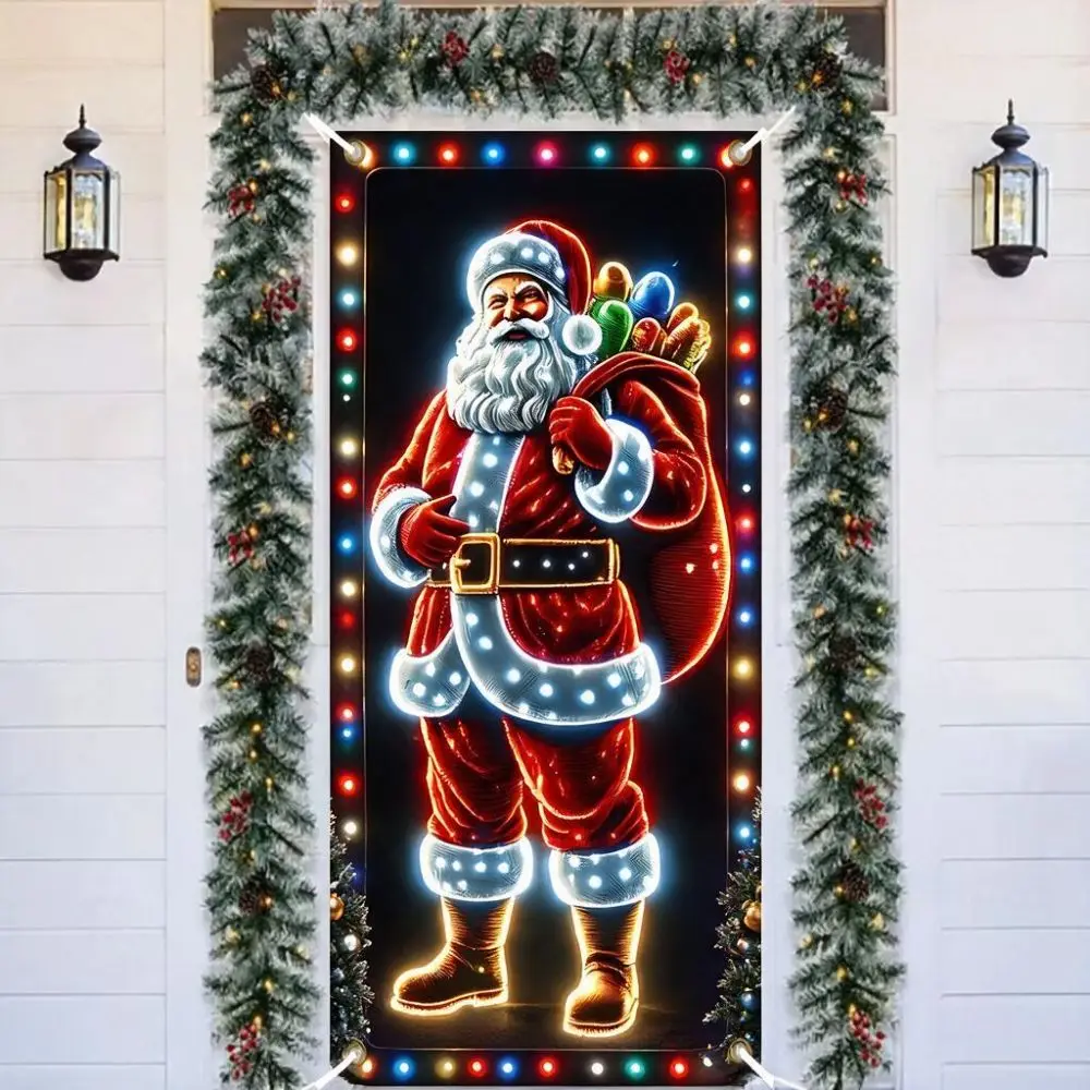 Santa Claus Pattern Christmas 2D Door Banner Perforated Strap Fastening Hanging Christmas Door Cover Rectangular Polyester