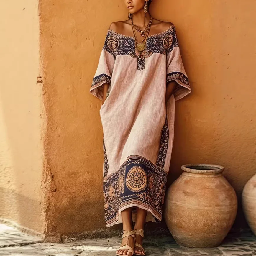 2026 Retro Sexy Off Shoulder Hollow Out Long Dress Women's Geometric Print Pocket Loose Maxi Dress Summer Casual Vacation Dress