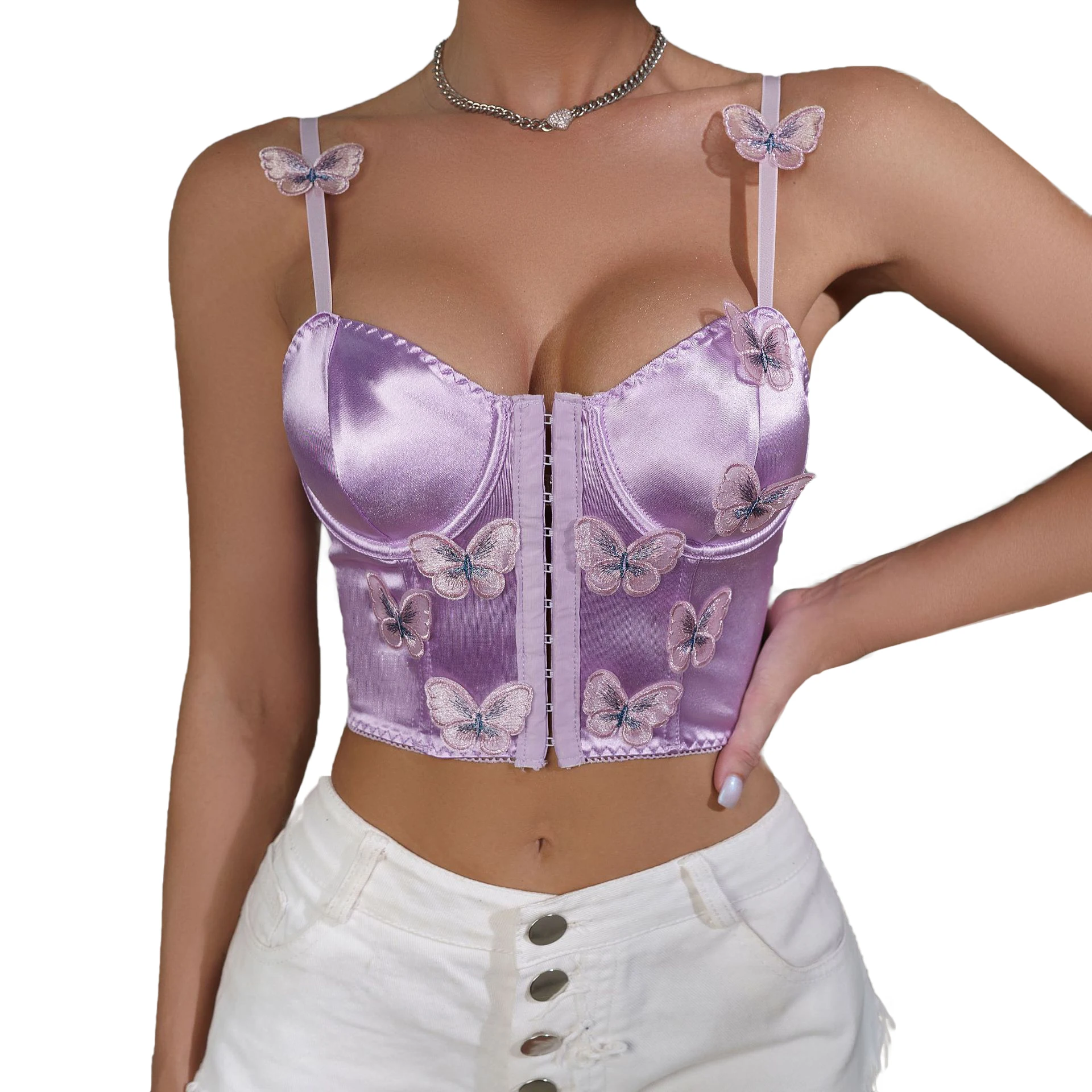 Sexy Purple Butterfly Embroidery Underwire Fishbone Colored Tank Top  with Corseted Slim-Fit Front Button Spice Belt Womens