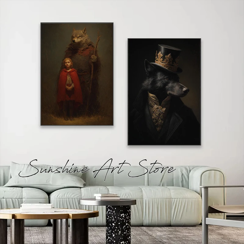 Mystic Black Wolf and Raven in Foggy Dark Forest Wolf Wildlife Mysteriou Rustic Poster Canvas Painting Wall Pictures Home Decor