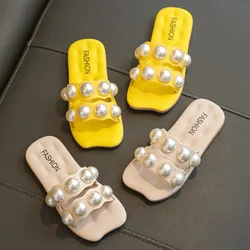 Girls Summer Slippers 2024 Brand New Family Matching Shoes Beach Shoes Children Slides with Pearls Beading Princess Mom-daughter