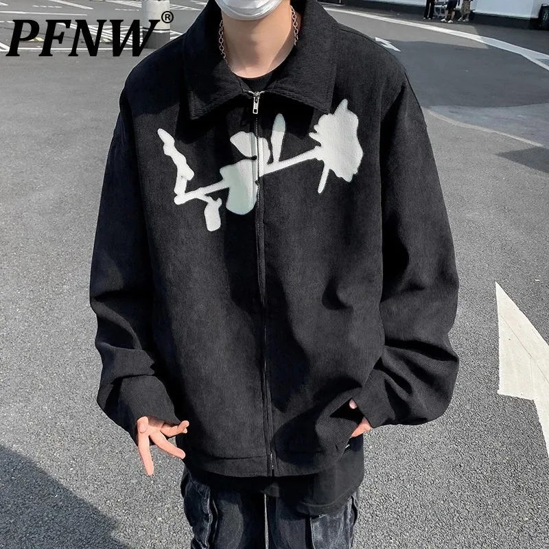 PFNW American Style Men's Jackets Rose Printing Darkwear Turn-dwon Collar Zipper Short Male Coats New Fashion Menwear 12C1085