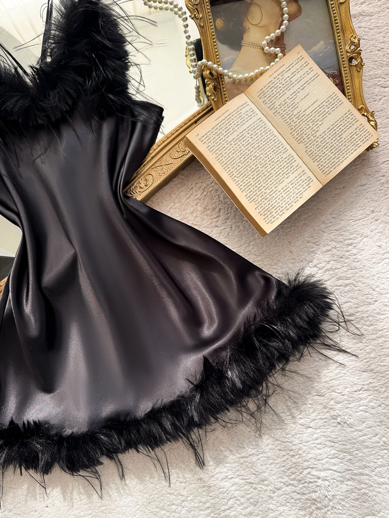 Women Feather Trim Slip Nightgown V Neck Spaghetti Strap Fashion Sleep Dress Sexy Ladies Pajamas For Home or Party view 4