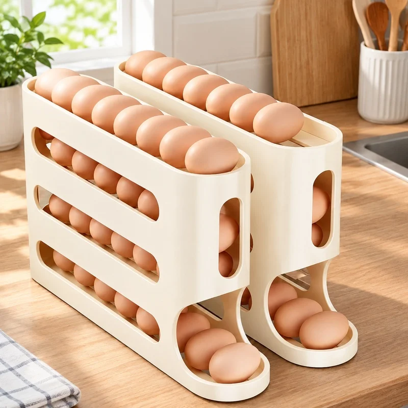 4-Tier Ladder Egg Holder for Refrigerator Side Door with Auto-Rolling Large Capacity Storage