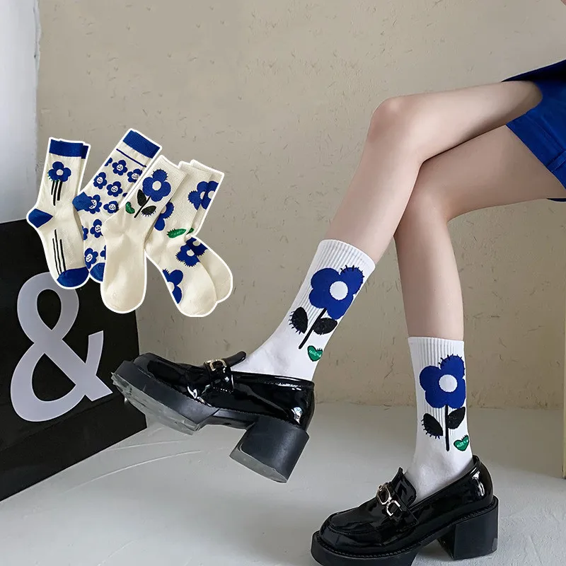 2023 Autunmn Women Sweet Korean Fashion Stitch Stockings Children Girls Blue Floral Print Japanese Kawaii Cute High Long Socks