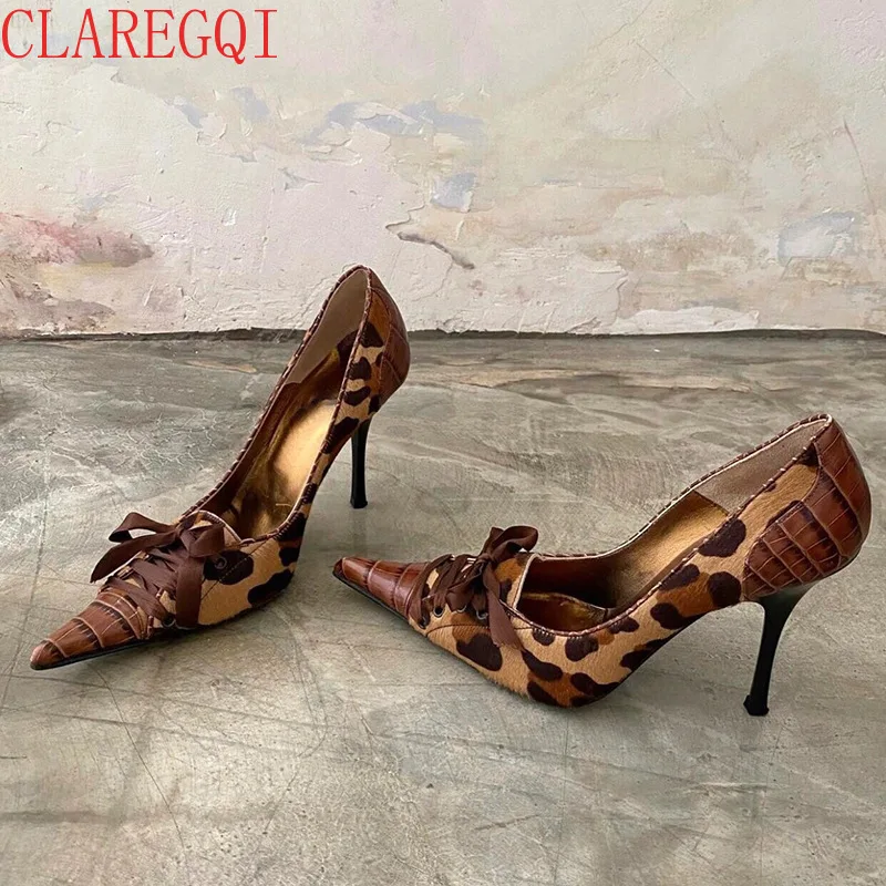 Fall Womens Shoes Small Group Of Sexy Hot Girls Leopard Shoes European And American Pointed Thin Heel Lace Up Pumps Shoes Women