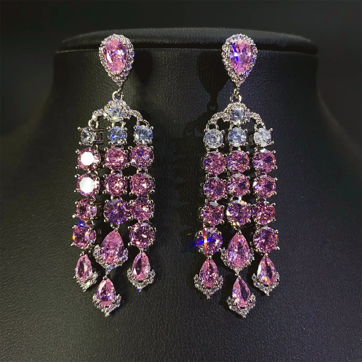 trendy luxury earrings bride wedding evening party jewelry shiny white blue pink zircon drop chain tassel pendant earrings women
