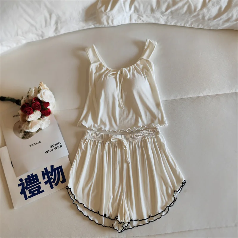 New Sexy Pyjama Woman Modal Chest Pad Summer Pajamas Sleeveless Vest Shorts House Wear Two-Piece Set Pijama Feminin Homewear
