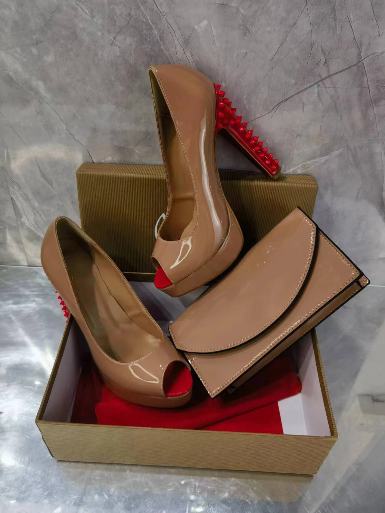 Women's Patent Leather Peep Toe Stiletto Heel Shoes with Spiked Heels and Matching Patent Leather Clutch Edgy Footwear Accessory