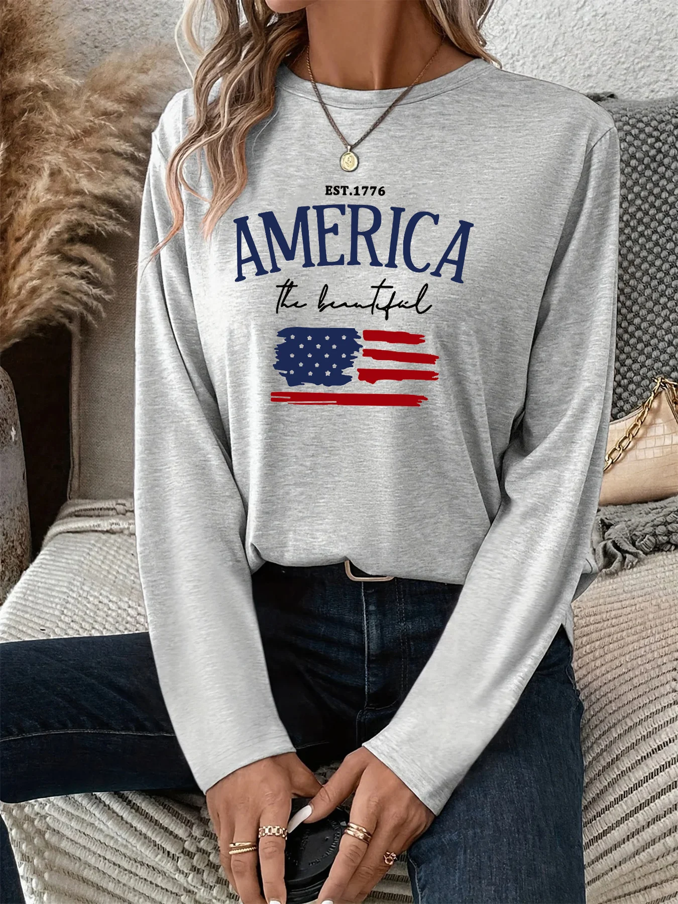 

Women's Spring and Autumn 100% pure cotton fashionable casual loose American flag printed round neck long sleeved T-shirt top