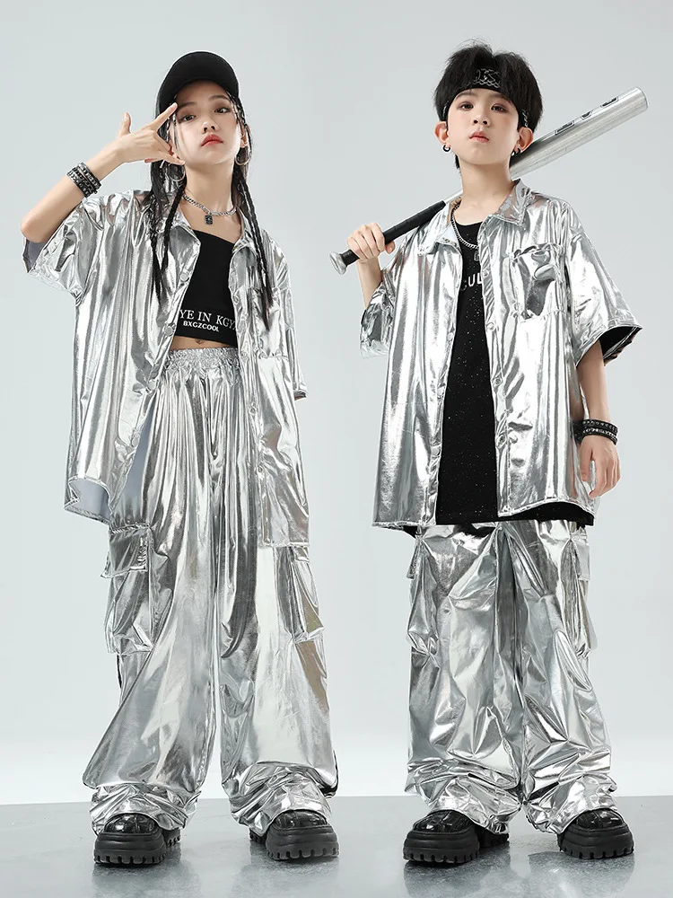 Jungen Hip Hop Silber Jacke Street Dance Cargo Hosen Mädchen Pailletten Coole Streetwear Kinder Jazz Kleidung Sets Kinder Glänzende Kostüme