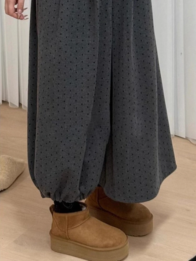 

Американские винтажные повседневные брюки-фонарики с волнистыми точками, осенне-зимние утолщенные теплые брюки в ленивом стиле Y2k, свободные широкие брюки для девочек