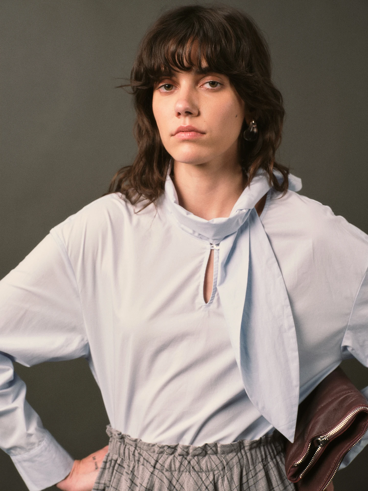 

Ele Blue Cotton Long Sve irt Vintage Sle Bow Tie Multi-Form Collar Women's Comfortable Breathable Thin Cotton irt