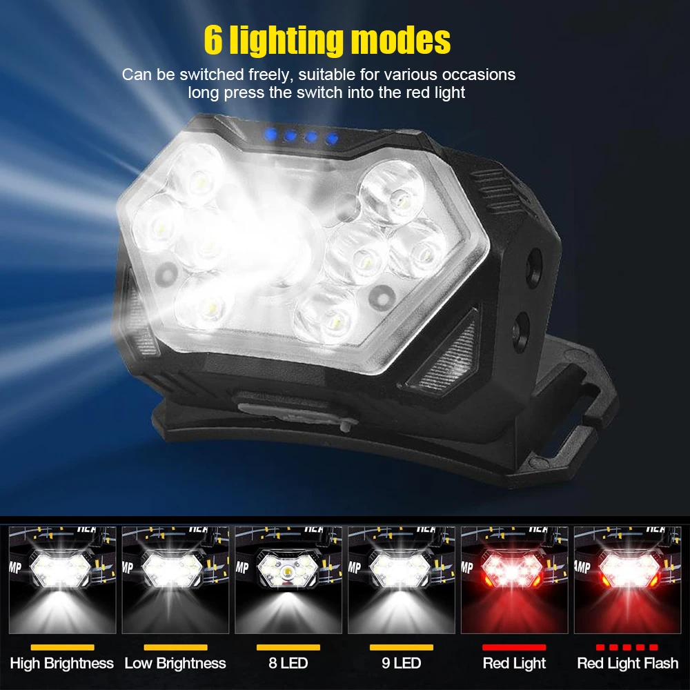 Mini Portable USB Rechageable Head Lamp 9 LED Motion Sensor Headlight Outdoor Front Work Lantern for Fishing Camping