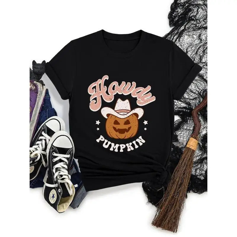 

Funny Howdy Pumpkin T-shirt Women Western Halloween Graphic Tee Fall Holiday Party Tops