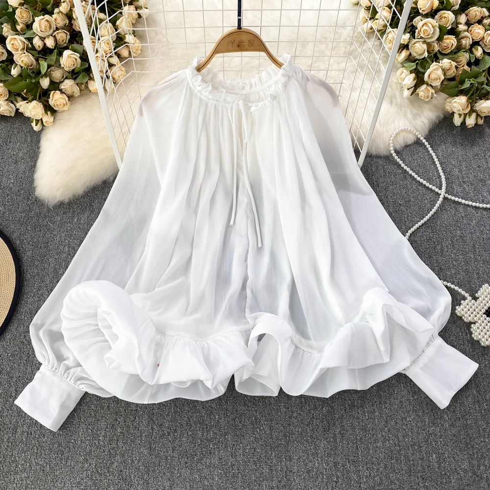 

Women Autumn Ruffles Top Shirts Lady Drawstring Flounce Neck Blouse Long Lantern Sleeve Spring Loose Blouse Sweet Banquets Tops