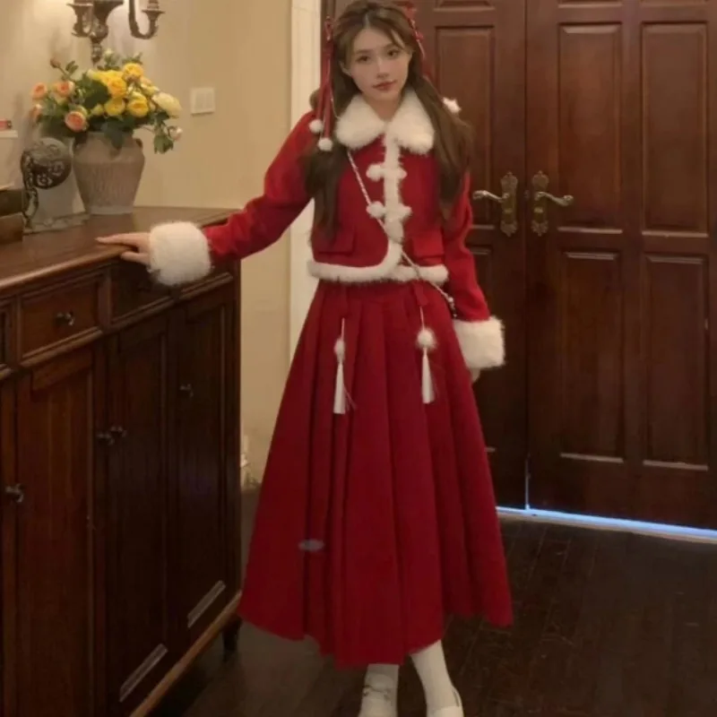Women Sets Gentle Sweet Patchwork Velvet Cozy Jacket Mid-length Pleated Skirt Two-piece Winter Outfits Popular Trendy Ulzzang