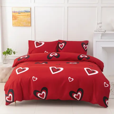 Printed Duvet Cover Three-Piece Set (2 Pillowcases + 1 Duvet Cover) Polyester Fiber Red Heart Print Bedspread 3-Piece Set Ultra Soft and Comfortable Polyester Breathable Bedding Duvet Set Suitable for Bedrooms and Guest Rooms Dormitories (Bedspread + Pillowcases, Without Quilt and Pillow Core) Zippered Duvet Cover + Pocket Pillowcase