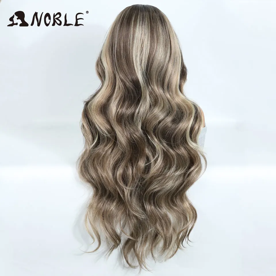 Edle, synthetische Perücken mit Spitze vorne für Damen, lange, gewellte Perücke mit Ombré-Braun-Farbe, 6x4, vorgezupft, vorgekämmt, einfach aufzusetzen, ohne Klebstoff. – Detail 5