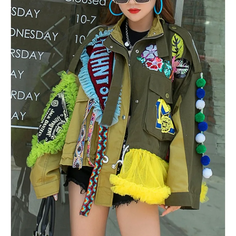 

Street-style Embroidery,lace Patchwork in Contrasting Colors, Irregular Women's Jacket, Spring-Fall 2024 Long-sleeved Loose Coat