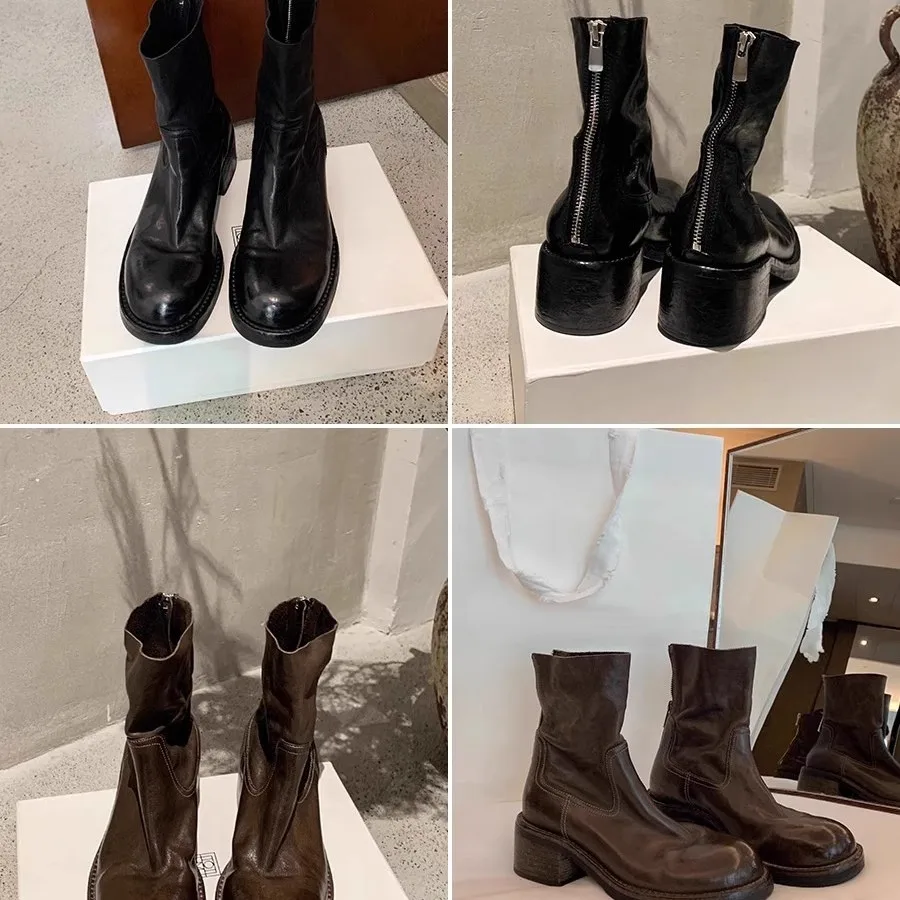 

Женские мотоциклетные ботинки из натуральной кожи, уличные женские ботинки в стиле Челси, короткие ботинки с круглым носком и молнией сзади на толстом каблуке