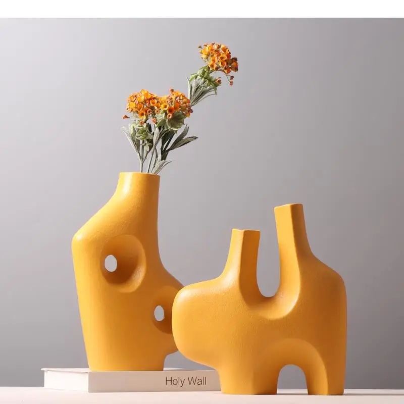 

Ceramic Vase Yellow Hollow Out Abstract Irregular Flower Arrangement Accessories Modern Home Decoration Crafts