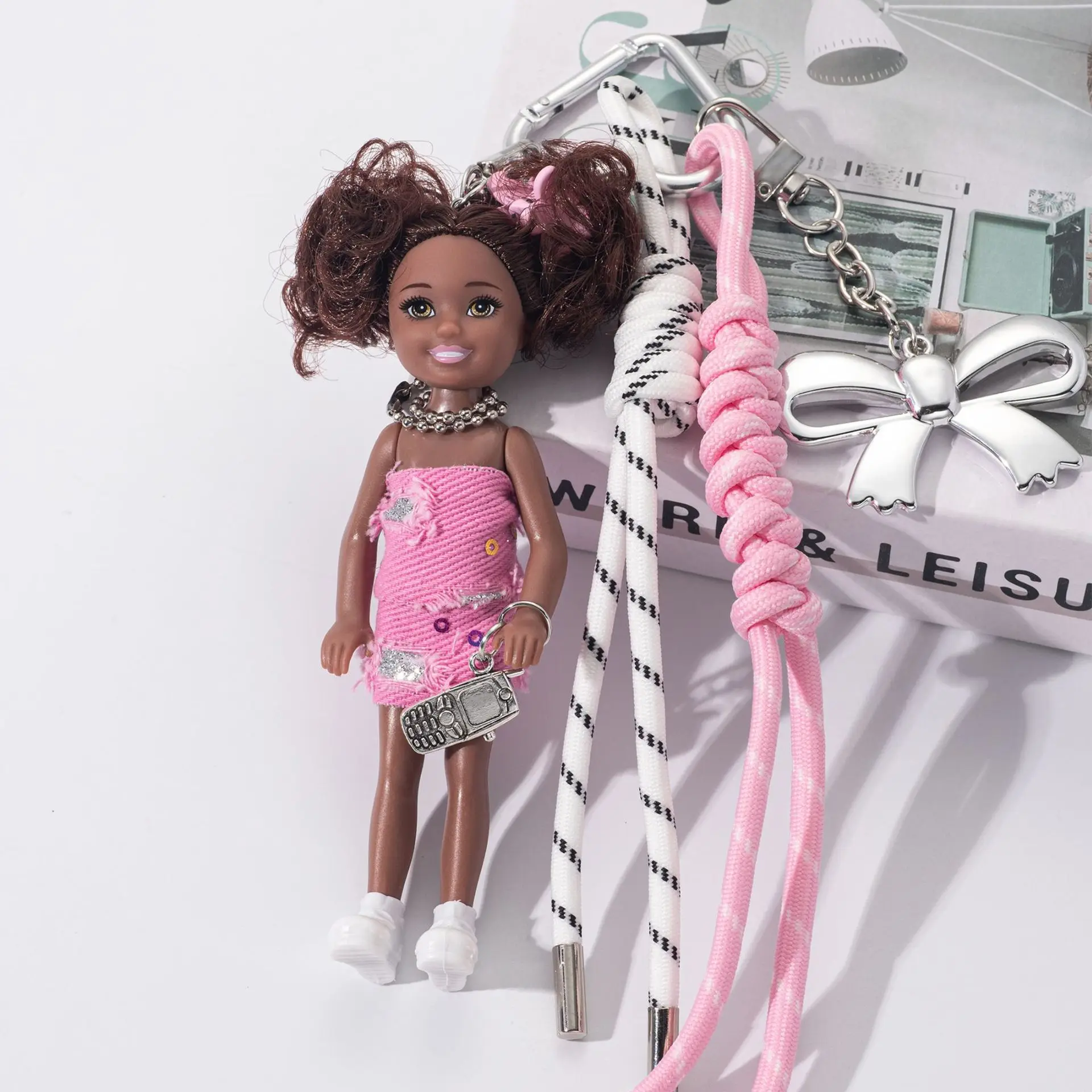 

African Black Curly Hair Vibrant Spice Girl Pink Short Dress Princess Dolll Keychain Pendant Cartoon Girl Bag Decor Cute Gift