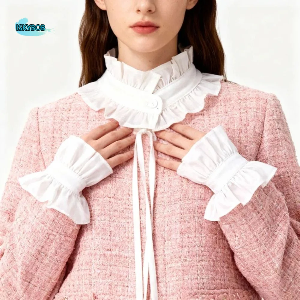 

1 set French Style Fake Faux Collar Pleated Design Detachable Neck Ruff Choker Ruffled Edge Adjustable Feature Stand Collar