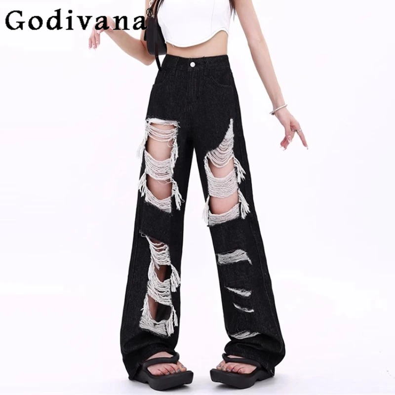 

Женские уличные летние свободные рваные джинсы большого размера, простые черные модные универсальные широкие брюки с высокой талией для отдыха
