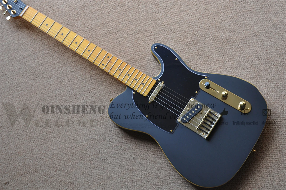 Matte Metal Blue Electric Guitar Tele Guitar Basswood Body Yellow Neck Fixed Bridge Gold Tuners