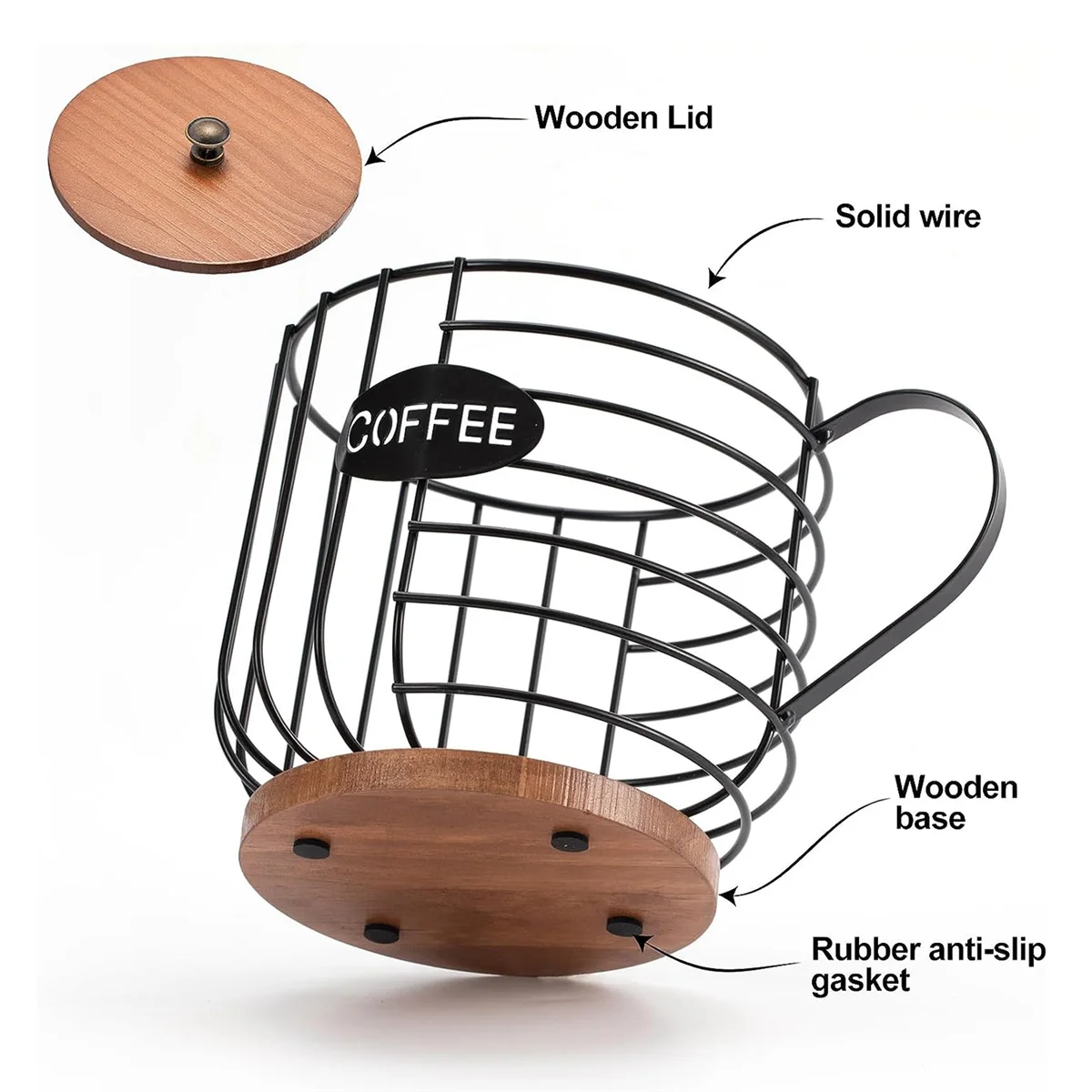 Soporte rústico para cápsulas de café, almacenamiento de tazas K con tapa de madera, cesta de café redonda, decoración para encimera de cocina