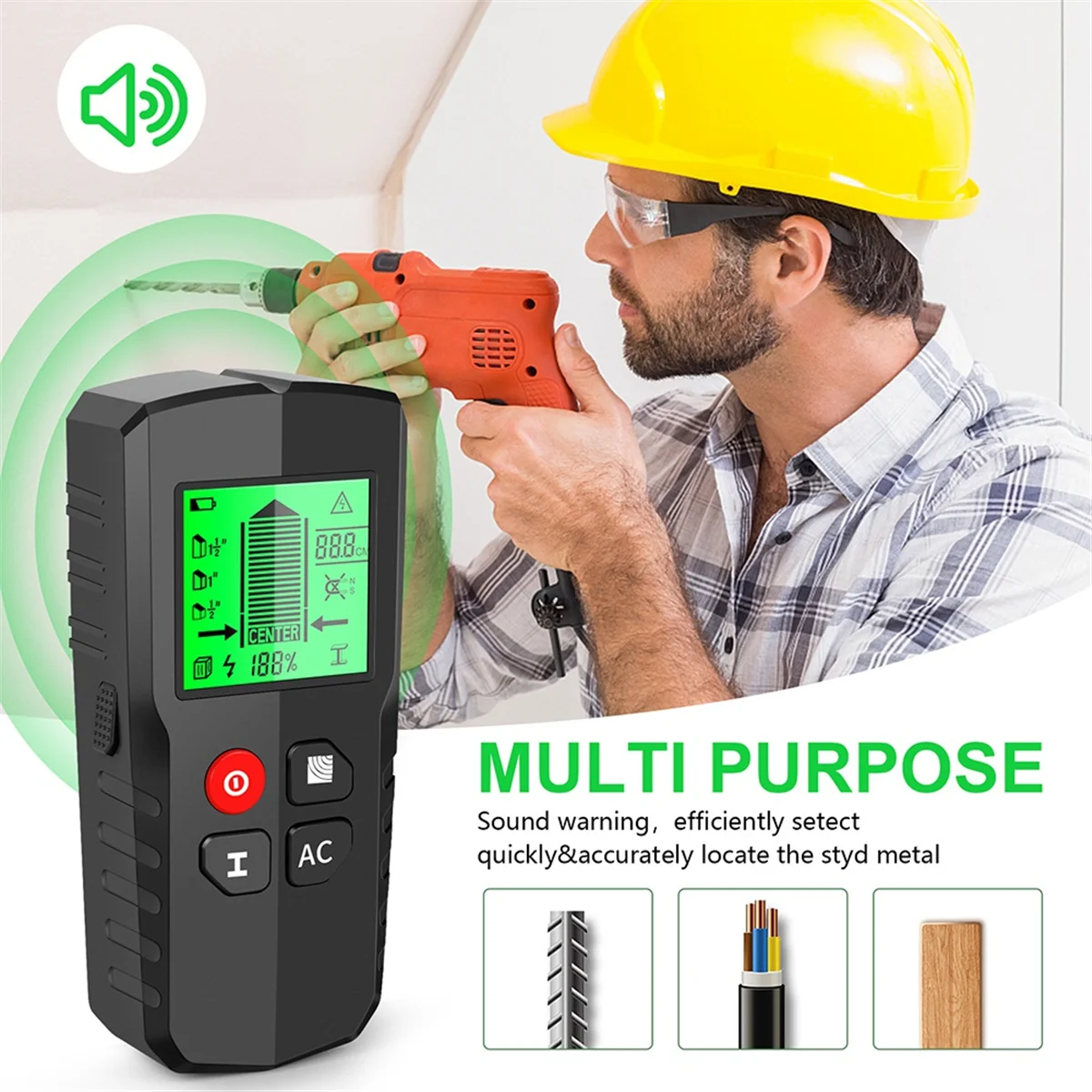 Détecteur de Clous Muraux 5 en 1 avec Écran LCD Noir, Scanner Électronique pour Bois et Métal