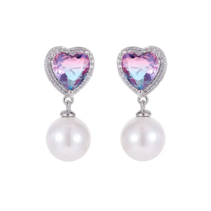 Purple heart-shaped zircon stud s925 silver needle sweet pearl fashionable and elegant high-end earrings