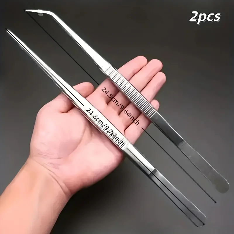 2-Piece Professional Stainless Steel Kitchen Tweezers - Electroplated, for Seafood, BBQ, and Precision Cooking