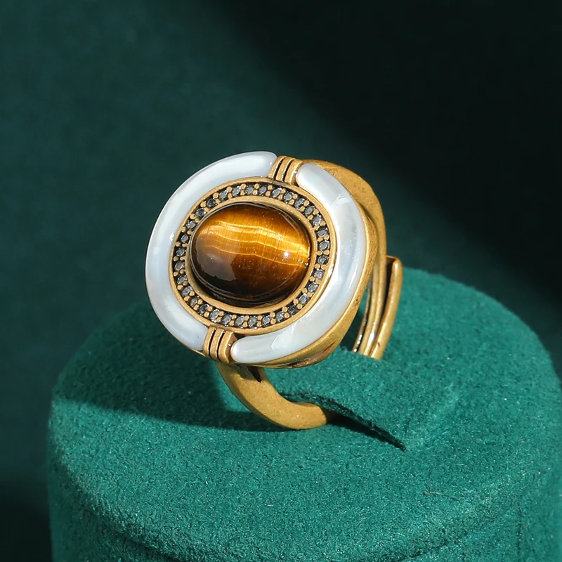 

Vintage Tiger's-eye Stone Ring Woman Oval Antique Gold Color Luxury Quality Halloween Jewelry Accessories Mothers Day Gift 2025