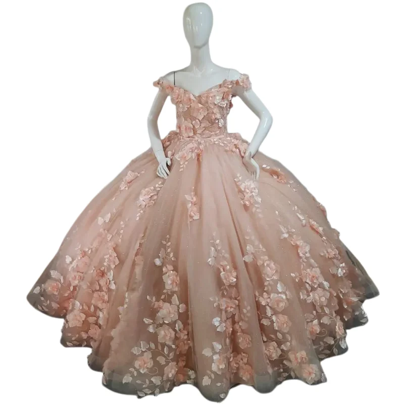 Gaun Coral Quinceanera kustom gaun pesta bahu terbuka Applique bunga 3D gaun pesta gaun Prom Formal manis 15 16 tahun anak perempuan