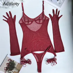 Aduloty Women's Sexy Underwear Temptation Thin Perspective Mesh Lace up Tie up Dress Wearing Bra Set Sexy Underwear