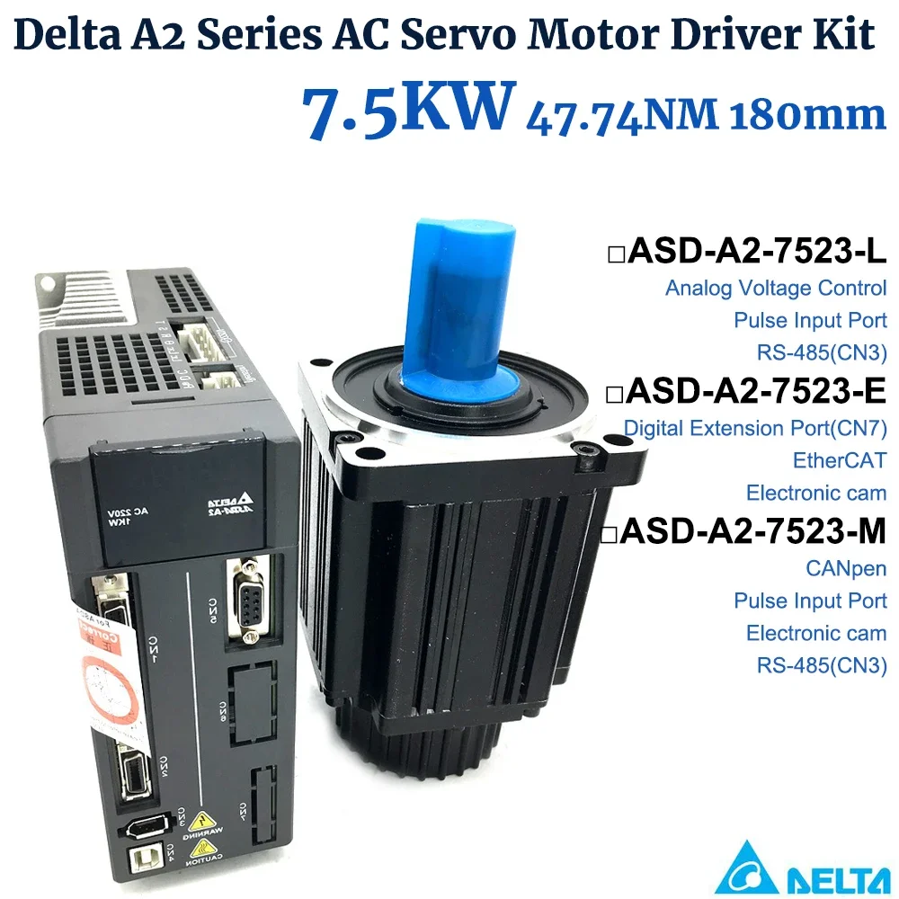 7.5KW A2 Delta AC Servo Motor Driver Kit 3PH 180mm 47.5A 47.74Nm ECMA-F11875R3,ASD-A2-7523-L,ASD-A2-7523-E,ASD-A2-7523-M 220V