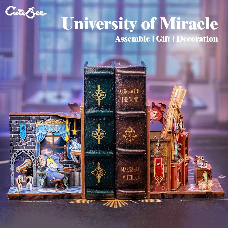 CUTEBEE 3D Bookends DIY Dollhouse Wooden Bookshelf Insert Book Nook Decoration 3D Puzzle for Gifts University of Miracle