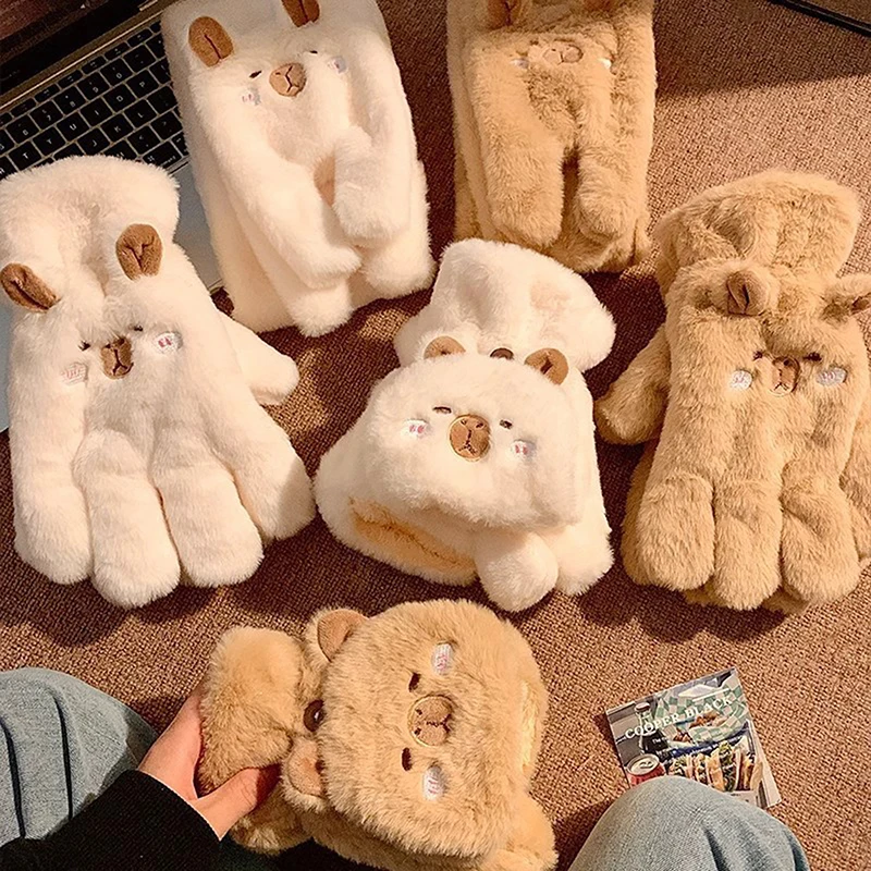 2024 Leuke Capibara Handschoenen Zacht Pluche Verdikte Winterhandschoenen Warm Houden Cartoon Capibara Sjaals Winter