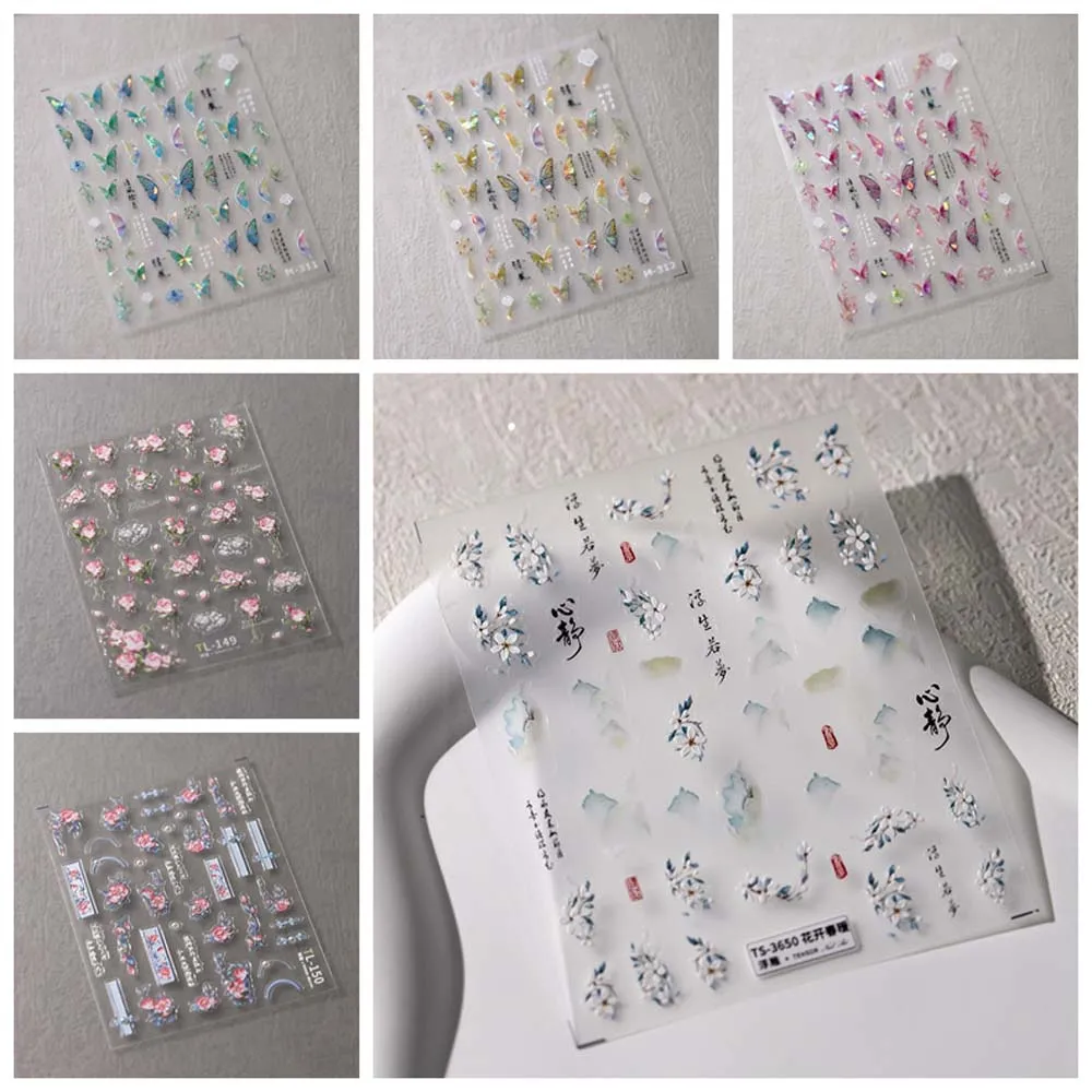 Pearl Flowers Chinese Nail Stickers Butterfly Chinese Calligraphy Chinese Nail Decals Cheongsam Accessories Manicure Ornaments