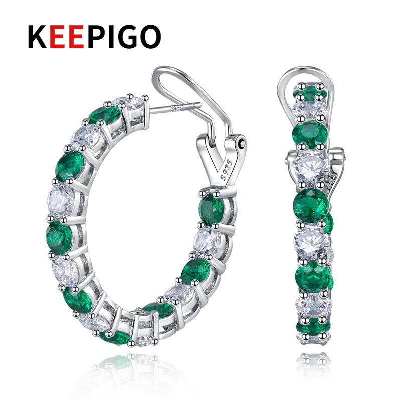 

KEEPIGO S925 Sterling Silver Inside Green White High Carbon Diamond Fashion Hoop Earrings Fine Banquet Jewelry 4cm RA166